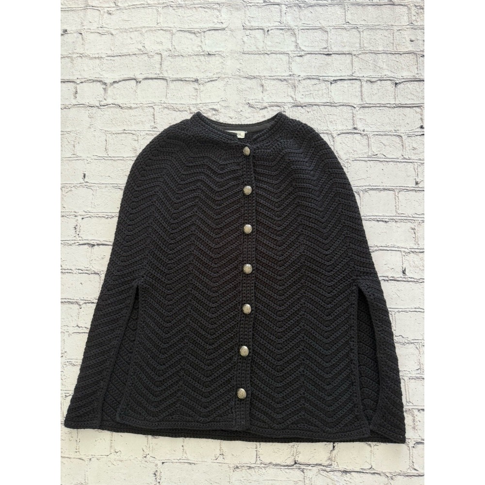 Generra Vintage Merino Wool Cotton Blend Knit Cape Poncho Black XS Sweater Women